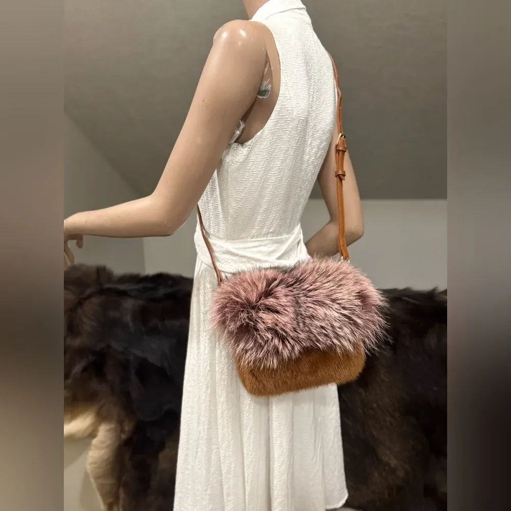 Handmade Real Mink Fur with Finn Raccoon Fur Foldover Flap Bag & 2 Strap Styles